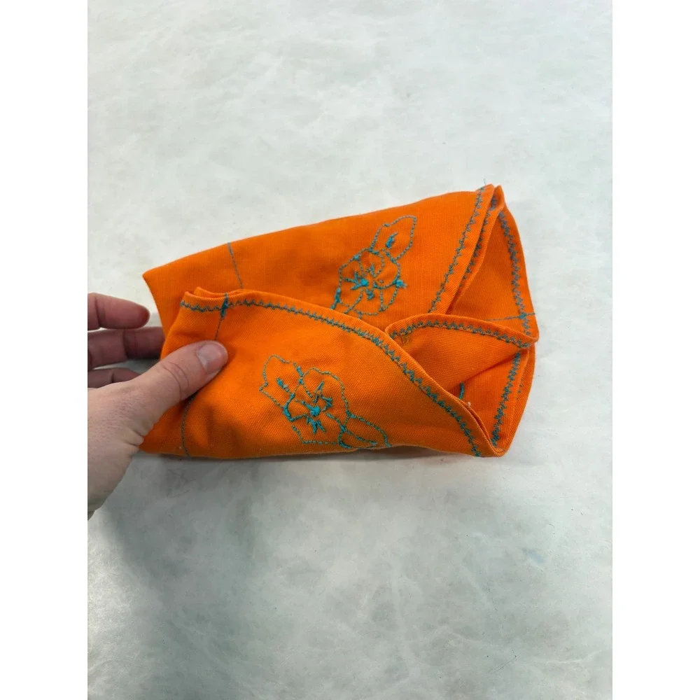 Vintage Handmade Packable Jewelry Holder Orange Blue Floral Embroidered Travel